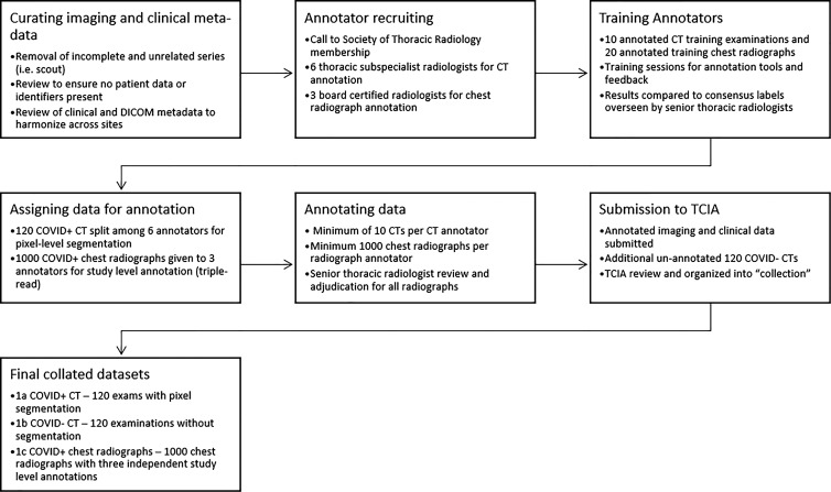 Pathway for the annotation and curation for the RSNA International COVID-19 Open Radiology Database. COVID-19 = coronavirus disease 2019, DICOM = Digital Imaging and Communications in Medicine, TCIA = The Cancer Imaging Archive.