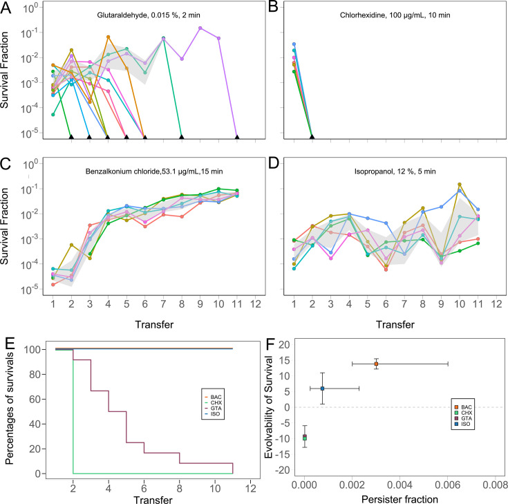 Four curves of bacterial survival across multiple transfers for glutaraldehyde, chlorhexidine, benzalkonium chloride, and isopropanol. A plot showing the rate of extinction of replicate cultures. A plot of evolvability score against persister fraction.