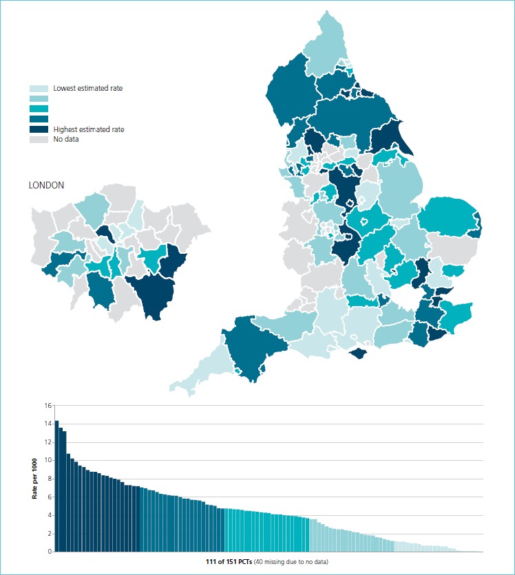 Map colours show relative density of ordering, bar chart shows ordering rates by organization (orders per 1000 patients served by organization). Crown copyright and database rights 2013 Ordnance Survey. 100039906. Reproduced with the kind permission of Right Care, and first published in the NHS Atlas of Variation in Diagnostic Services, p155. http://www.rightcare.nhs.uk/atlas/