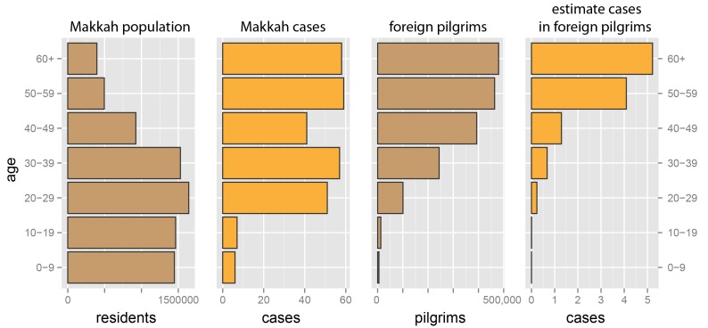 Illustration of transformation of age specific MERS-CoV incidence in the general population of the Makkah region to incidence in foreign pilgrims to the Hajj. 