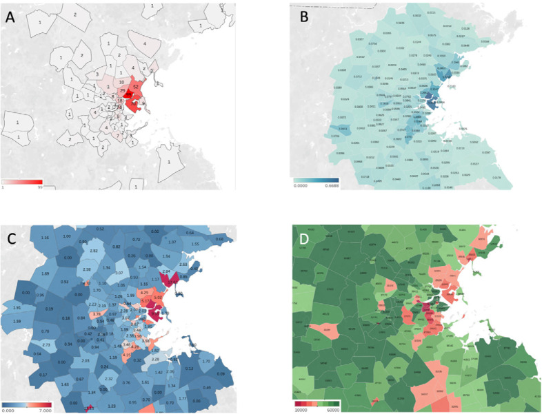 Title: Geospatial data visualization of admitted patients with COVID-19 infection per zip code and Census-based data by zip code. Figure 3 Caption: A) Number of admitted patients with confirmed COVID-19 infection by zip code, B) Hispanic or Latino Fraction by Population by Zip Code (2018 American Community Survey 5yr Survey) C) Persons-per-room by zip code expressed in percent of individuals living in overcrowded conditions (PPR > 1.01;2018 American Community Survey 5yr Survey), D) Median income by zip code expressed in U.S. Dollars. Majority of patients admitted for COVID-19 infection included in the study cohort were living in home addresses with zip codes with a relatively higher proportion of Hispanic or Latino individuals, higher persons per room and lower median household income.