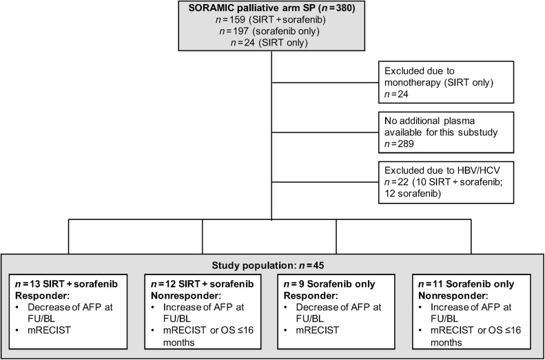 Figure 1. Consort chart. AFP, alfa-fetoprotein; BL, baseline; FU, follow-up; SP, safety population.