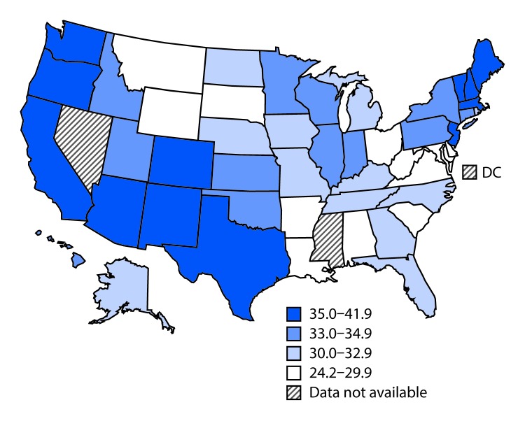 The figure above is a map of the United States showing the annual age-adjusted rates of acute lymphoblastic leukemia among persons aged <20 years, by state, based on data from the National Program of Cancer Registries and the Surveillance, Epidemiology, and End Results program, collected during 2001–2014.