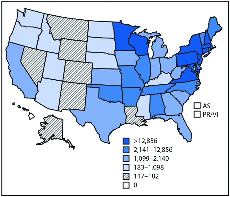 The figure above is a map showing the reported cases of tickborne disease in U.S. states and territories during 2004–2016.