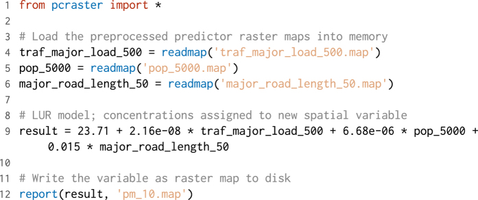 Python script showing the fundamental steps to calculate the LUR models, here exemplary for PM10.