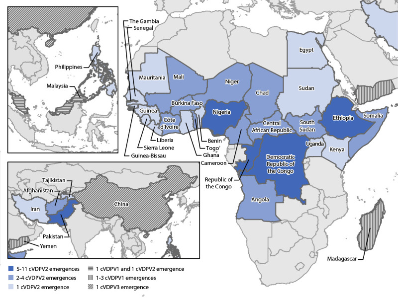 Figure is a map showing the global distribution of the ongoing circulating vaccine-derived poliovirus outbreaks during January 2020 through June 2021.