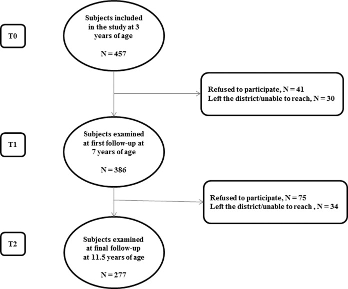 Figure 1. Flowchart of the children in the study at baseline (T0), at the first follow-up (T1), and at the final follow-up (T2).