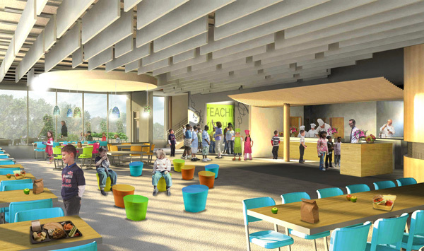 A dozen or so young school children visit the teaching kitchen, accompanied by a teacher. The teaching kitchen is located next to the hot and cold lunch service lines, which is visually open to the commercial kitchen, where chefs are busy preparing meals and children await. The kitchens open out onto the large seating area, where several children relax on flexible, movable soft seating. The overall design, which includes wall-to-wall, floor-to-ceiling windows overlooking green space, incorporates appealing lights and colors.
