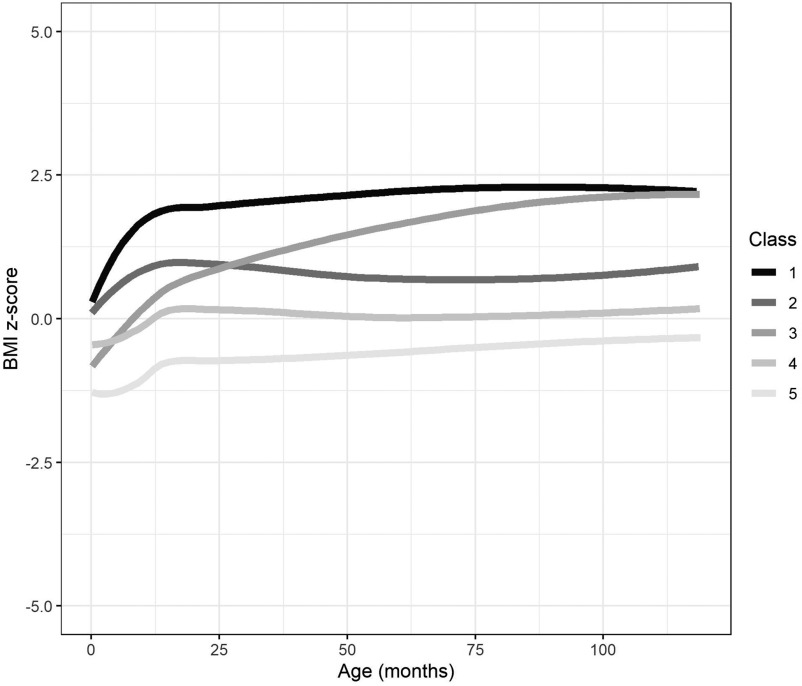 Figure 1 is a line graph, plotting body mass index lowercase z-score, ranging from negative 5.0 to 5.0 in increments of 2.5 (y-axis) across age (months), ranging from 0 to 100 in increments of 25 (x-axis) for class, ranging from 1 to 5 in unit increment.