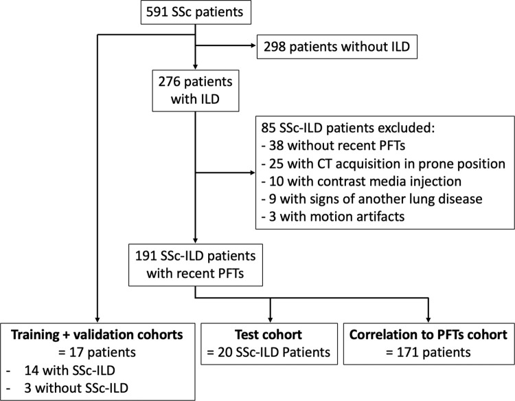 Flowchart of patient cohort. ILD = interstitial lung disease, PFT = pulmonary function test, SSc = systemic sclerosis.