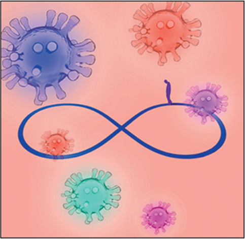 Man walking on infinity symbol surrounded by covid virus organisms, illustration.