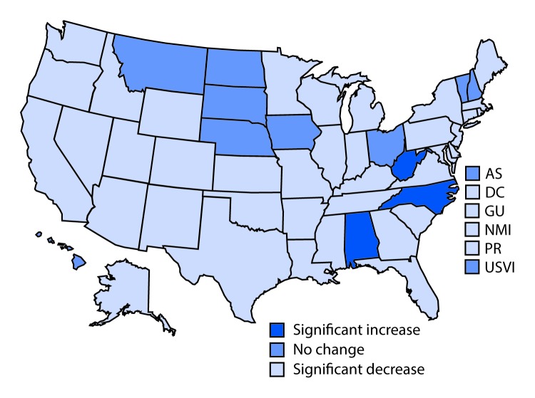 The figure is a map showing the changes in obesity prevalence among U.S. children aged 2–4 years enrolled in the Special Supplemental Nutrition Program for Women, Infants, and Children (WIC), by WIC state or territory agency, during 2010─2016.