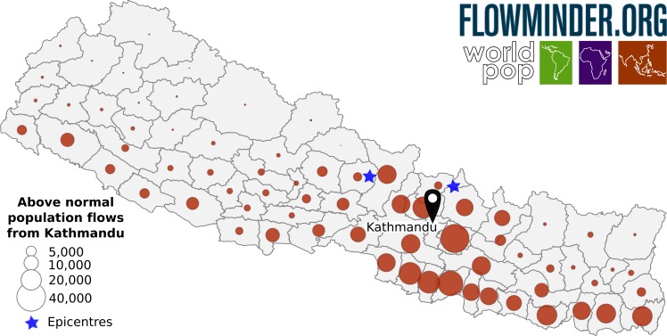 Anomalous flows from the Kathmandu valley, comparing the 10th-14th May with the 20th-24th April