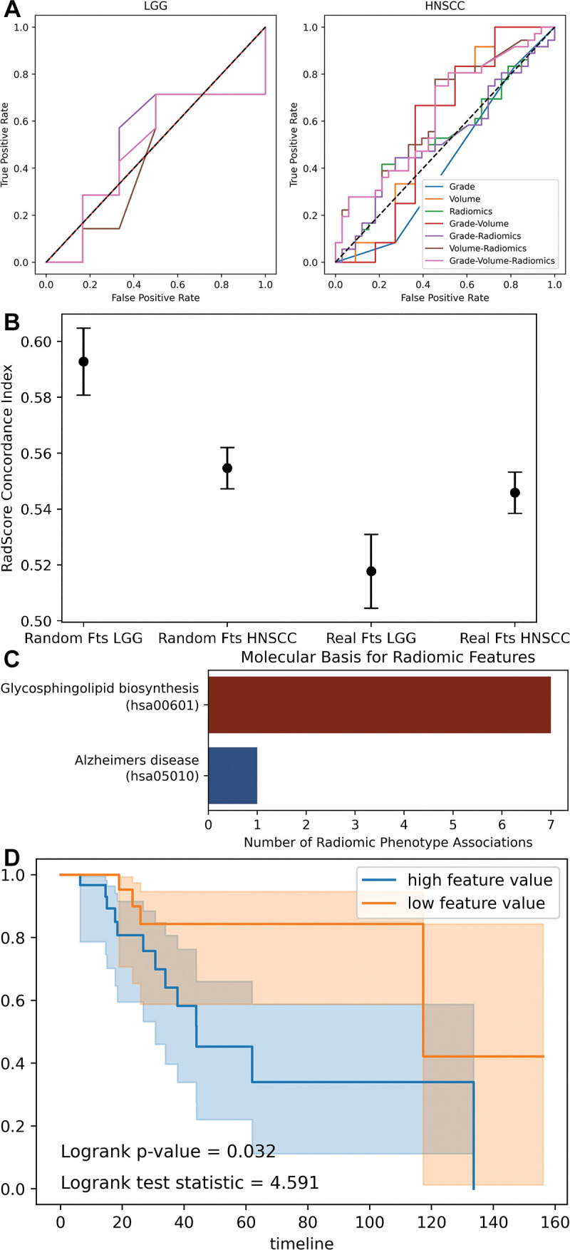 Combination of radiomics and biologic variables. (A) Receiver operating characteristic curves show support vector machine models fit to combinations of radiomics and biologic variables. (B) Dot plot with error bars show concordance index for radiomics score (RadScore) in Cox proportional hazards models. A concordance index of 0.5 represents random chance. The random radiomics features have higher concordance with true outcome (overall survival) than the authentic features. (C) Bar chart shows significant associations (Pearson) between random radiomics features and authentic gene ontology pathways in The Cancer Genome Atlas Low-Grade Glioma data set. (D) Kaplan-Meier curves show overall survival split by median feature value of a random feature observed to be spuriously yet significantly correlated with glycosphingolipid biosynthesis gene ontology pathway. Fts = features, HNSCC = head and neck squamous cell carcinoma, LGG = low-grade glioma.