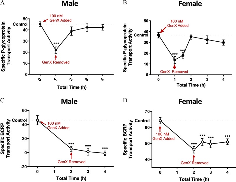 Figures 3A and 3B titled male and female, respectively, are line graphs plotting specific P-glycoprotein transport activity ranging from 0 to 50 in increments of 10 (y-axis) across total time in hours ranging from 0 to 4 in increments of 1 (x-axis). The values plotted at 0 hour are labelled as 100 nanomolar GenX added, and the values plotted at 1 hour are labelled as GenX removed. Figures 3C and 3D titled male and female, respectively, are line graphs plotting specific BCRP transport activity ranging from −20 to 60 in increments of 20 and from 40 to 70 in increments of 10 (y-axis), respectively, across total time in hours ranging from 0 to 4 in increments of 1 (x-axis). The values plotted at 0 hour are labelled as 100 nanomolar GenX added, and the values plotted at 2 hours are labelled as GenX removed. There is control present between 40 and 50, 30 and 40, 40 and 60, and 60 and 70, respectively.