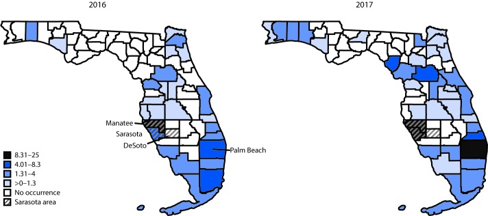 The figure is a map showing carfentanil-involved deaths per 100,000 population, by county where death occurred, in Florida, during 2016 and 2017.