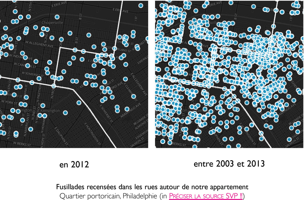 Fusillades recensées dans les rues autour de notre appartement