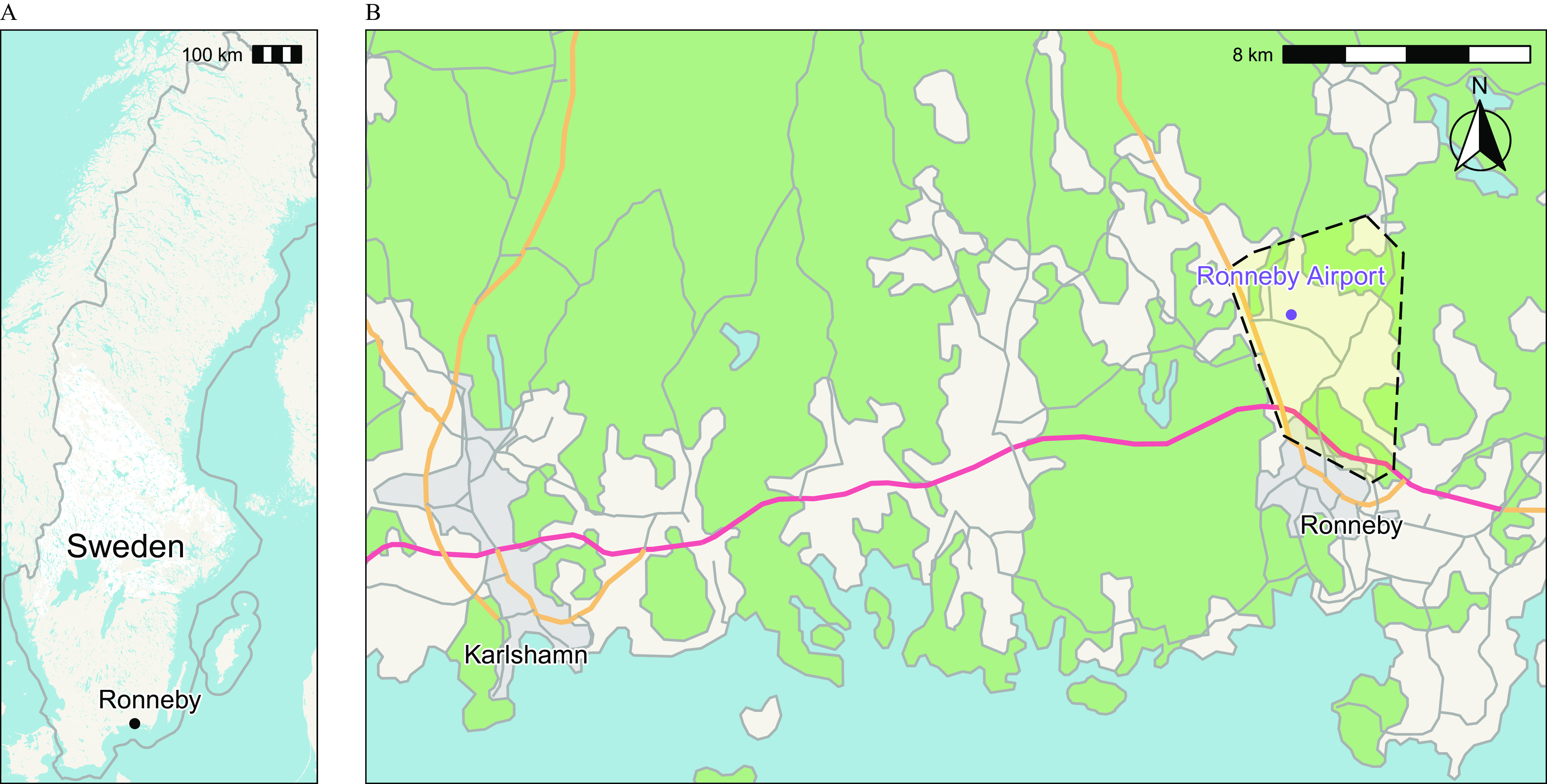 Figure 1A is a map of Sweden, marking the Ronneby locality with a scale of 100 kilometers. Figure 1B is a map showing the location of the Ronneby Mother–Child Cohort, depicting the area that received highly contaminated drinking water in 2013 with a scale of 8 kilometers.