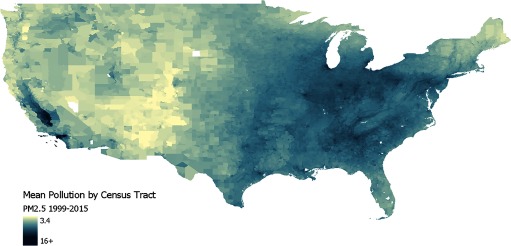 Figure 1 is a map of the United States showing mean pollution by U.S. Census Tract (average concentrations of PM subscript 2.5 ranging between 3.4 and 16 and above) from 1999 to 2015.