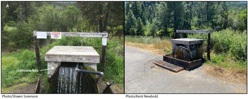 The figure consists of two photos showing watering point A, before any intervention and after the water supply was permanently turned off.