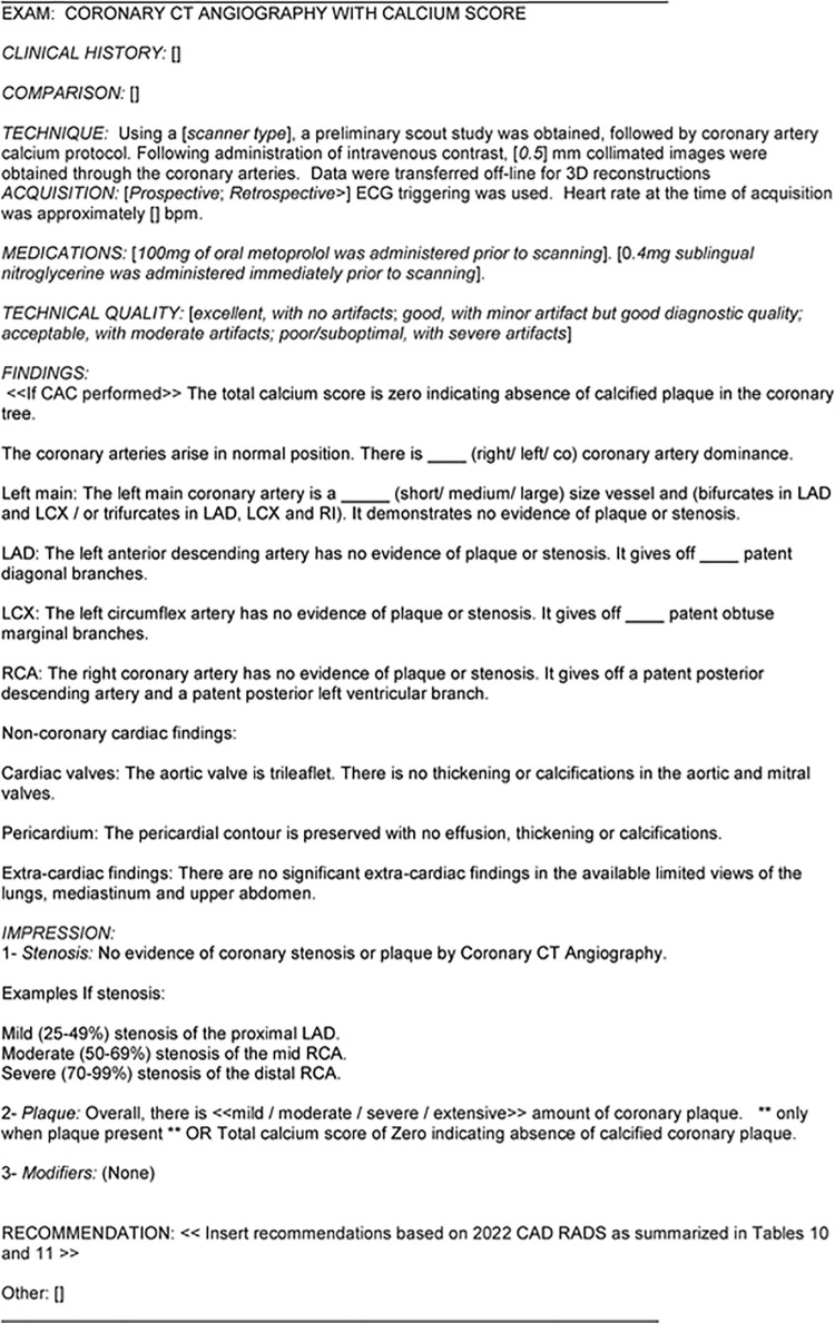 Sample standardized reporting template for Coronary CTA incorporating CAD-RADS coding.