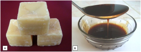 Figure 2: A. Jaggery, B. Molasses