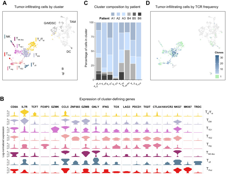 Figure 2. Tumor-infiltrating immune cells were analyzed by scRNA-seq after neoadjuvant PD-1 blockade combined with chemoradiotherapy in patients with pancreatic adenocarcinoma. A, UMAP plot of all sequenced tumor-infiltrating cells that passed quality controls colored by an unsupervised clustering algorithm. B, Violin plot showing the log-normalized expression of key cluster-defining genes for each T-cell cluster. C, Bar plot showing the breakdown of each cluster's cells by patient of origin. D, UMAP of tumor-infiltrating cells where each cell is colored by the observed frequency of its TCR in the sample.