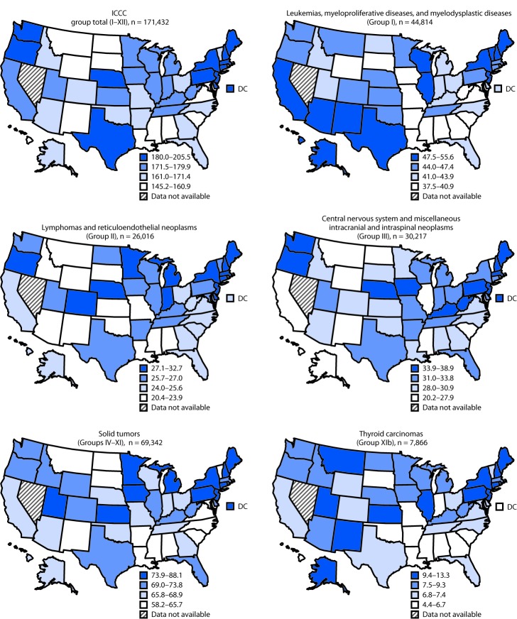 The figure above is a series of maps showing age-adjusted incidence rate of cancer among persons aged <20 years, by U.S. state and International Classification of Childhood Cancer type in the United States, during 2003–2014.