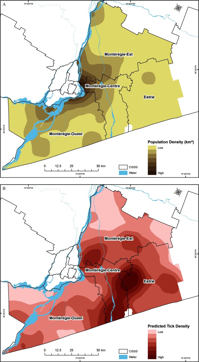 Figures 5A and 5B are maps marking the locations in terms of the population density and predicted tick density, respectively, based on CISSS and water.