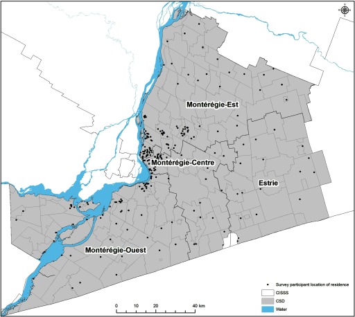 Map marking distribution of sites locations with respect to CISSS, CSD, and water.