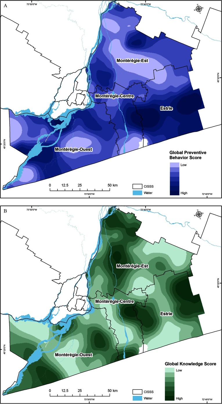 Figures 4A, 4B, and 4C are maps marking the locations in terms of the global preventive behavior score, global knowledge score, and global risk perception score, respectively, based on CISSS and water.