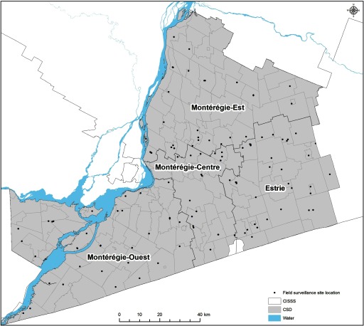 Map marking distribution of sites with respect to CISSS, CSD, and water.