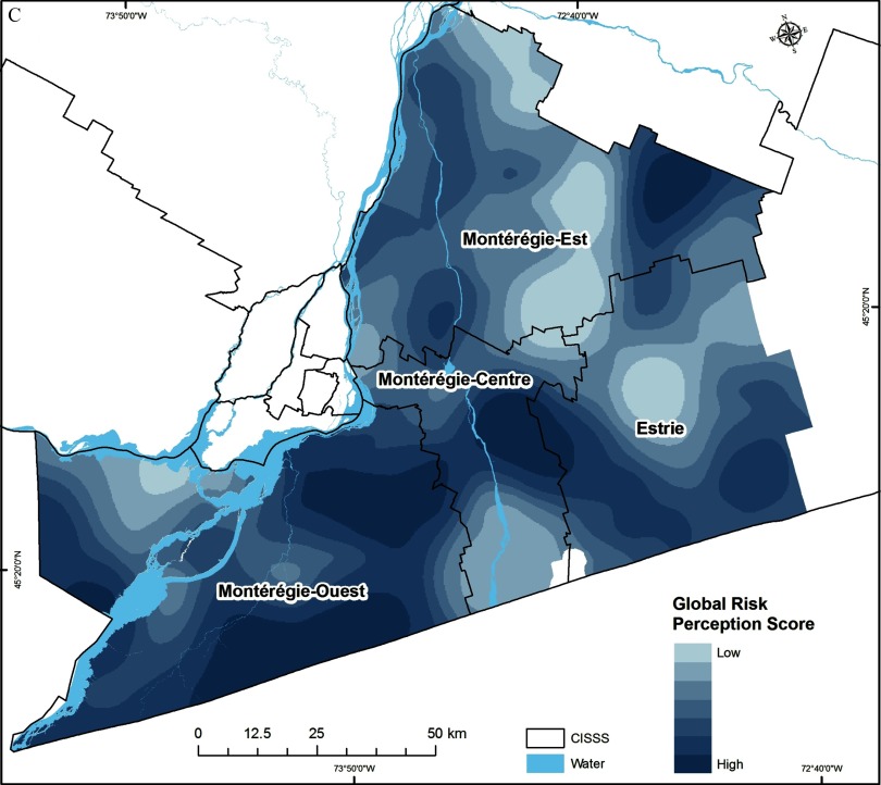 Figures 4A, 4B, and 4C are maps marking the locations in terms of the global preventive behavior score, global knowledge score, and global risk perception score, respectively, based on CISSS and water.