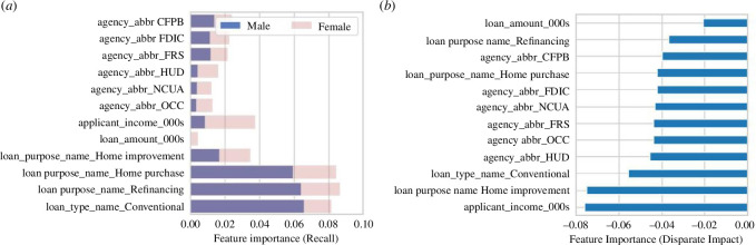 (a) Feature importance chart with the breakdown per male and female groups.