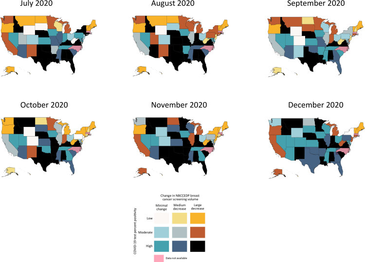 Proportional change in breast cancer screening volume values were divided into 3 categories: large decrease (less than −20%), medium decrease (−20% to −5%), and a minimal change (more than −5%). COVID-19 test percent positivity values were also divided into 3 categories: low (less than 5.00%), moderate (5.00% to 7.99%) and high (8.00% or more). Each state is represented by a single bivariate combination of 1 of 3 COVID-19 test percent positivity categories and 1 of 3 proportional change in breast cancer screening volume categories, resulting in 9 possible bivariate relationships.