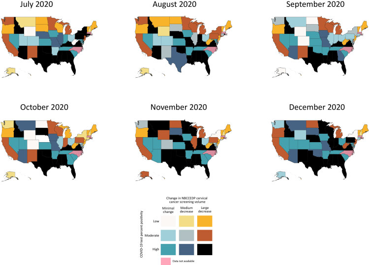 Proportional change in cervical cancer screening volume values were divided into 3 categories: large decrease (less than −20%), medium decrease (−20% to −5%), and a minimal change (more than −5%). COVID-19 test percent positivity values were also divided into 3 categories: low (less than 5.00%), moderate (5.00% to 7.99%) and high (8.00% or more). Each state is represented by a single bivariate combination of 1 of 3 COVID-19 test percent positivity categories and 1 of 3 proportional changes in cervical cancer screening volume categories, resulting in 9 possible bivariate relationships.