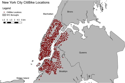 Map of New York City marking CityBike docking stations and an outline of New York City boroughs