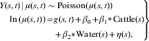 \hskip -3pt \left {\eqalign{ \tab{Y\lpar s\comma t\rpar \hskip1pt\vert\hskip1pt \hskip1\mu \lpar s\comma t\rpar \tab \sim {\rm Poisson}\lpar \hskip1\mu \lpar s\comma t\rpar \rpar } \cr \tab\hskip11.5{\eqalign{{\rm ln}\, \lpar \hskip1\mu \lpar s\comma t\rpar \rpar \tab \equals g\lpar s\comma t\rpar \plus \beta _{0} \plus \beta _{1}\vskip2\ast \vskip-2\hskip1{\rm Cattle}\lpar s\rpar \cr\tab\quad\plus \beta _{2}\vskip2\ast \vskip-2\hskip1 {\rm Water}\lpar s\rpar \plus \eta \lpar s\rpar \comma }}}}\hskip -5pt \right\}