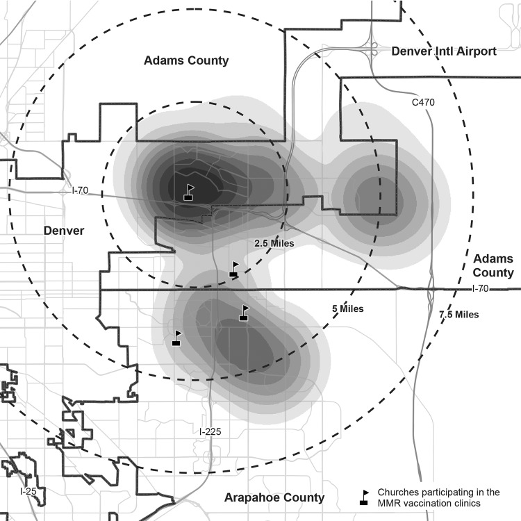 The figure is a map showing geographic density of outbreak mumps cases (n = 46) by geocoded residential address and location of measles-mumps-rubella vaccination clinics held during the public health response in Colorado during 2016–2017.