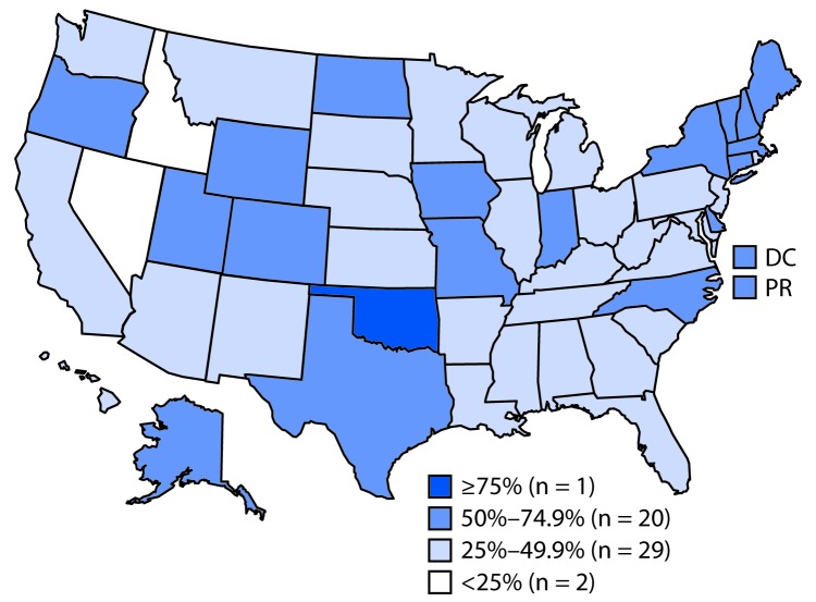 The figure above is a map of the United States, including Puerto Rico, showing the percentage of mental health treatment facilities that prohibited smoking in all indoor and outdoor locations during 2016, based on data from the National Mental Health Services Survey.