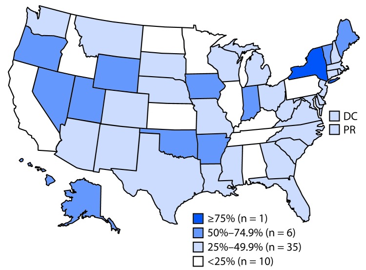 The figure above is a map of the United States, including Puerto Rico, showing the percentage of substance abuse treatment facilities that prohibited smoking in all indoor and outdoor locations during 2016, based on data from the National Survey of Substance Abuse Treatment Services.