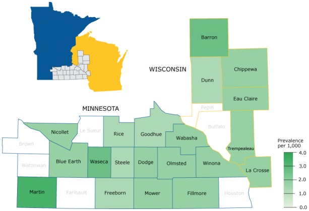 Screenshot shows a sample of a “Geography” tab. It shows a map of the 27-county region in southeastern Minnesota and the adjoining area in western Wisconsin that the Rochester Epidemiology Project encompasses. The map is color coded to show levels of prevalence of ovarian cancer. Prevalence ranges from 0 to 4.0 per 1,000 women.