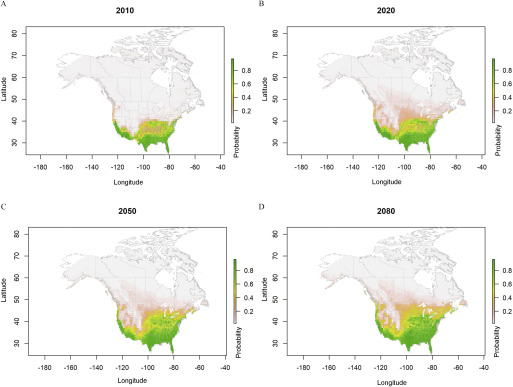 Figures 2A, 2B, 2C, and 2D comprise a set of four maps titled 2010, 2020, 2050, and 2080, respectively, with latitude ranging from 30 to 80 in increments of 10 across longitude ranging from negative 180 to negative 40 in increments of 20, plotting probability on a scale ranging from 0.2 to 0.8 in increments of 0.2.