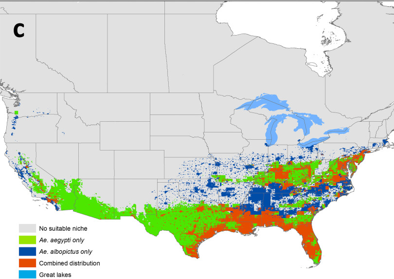 Figures 1a and 1b are maps, displaying the probability of Aedes Aegypti mosquitos and Aedes albopictus mosquitos, respectively, on a scale ranging from high: 0.99 to low: 0.01 and the great lakes in different regions. Figure 1c is a map, displaying the areas with no suitable niche, Aedes aegypti only, Aedes albopictus only, combined distribution, and great lakes.