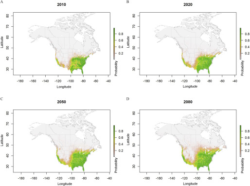 Figures 4A, 4B, 4C, and 4D comprise a set of four maps titled 2010, 2020, 2050, and 2080, respectively, with latitude ranging from 30 to 80 in increments of 10 across longitude ranging from negative 180 to negative 40 in increments of 20, plotting probability on a scale ranging from 0.2 to 0.8 in increments of 0.2.