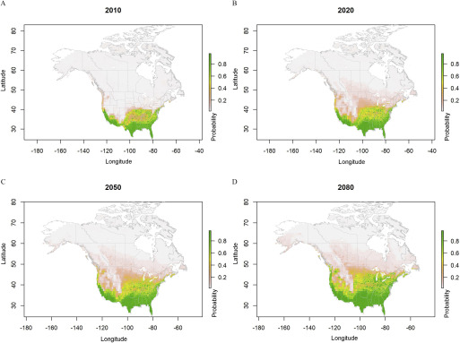 Figures 3A, 3B, 3C, and 3D comprise a set of four maps titled 2010, 2020, 2050, and 2080, respectively, with latitude ranging from 30 to 80 in increments of 10 across longitude ranging from negative 180 to negative 40 in increments of 20, plotting probability on a scale ranging from 0.2 to 0.8 in increments of 0.2.