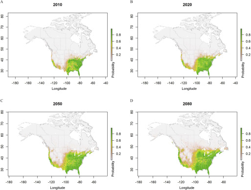 Figures 5A, 5B, 5C, and 5D comprise a set of four maps titled 2010, 2020, 2050, and 2080, respectively, with latitude ranging from 30 to 80 in increments of 10 across longitude ranging from negative 180 to negative 40 in increments of 20, plotting probability on a scale ranging from 0.2 to 0.8 in increments of 0.2.