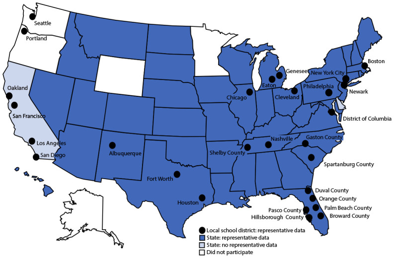 Figure is a map of the United States indicating the state, tribal government, territorial, and local school district sites that administered Youth Risk Behavior Surveys in 2021.