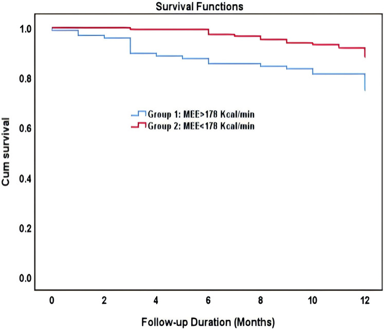 Survival plot showing the cumulative survival over 12 months for two groups: Group 1 with metabolic equivalent expenditure (MEE) greater than 178 kcal/min and Group 2 with MEE less than 178 kcal/min. The red line for Group 2 remains higher than the blue line for Group 1, indicating better survival.