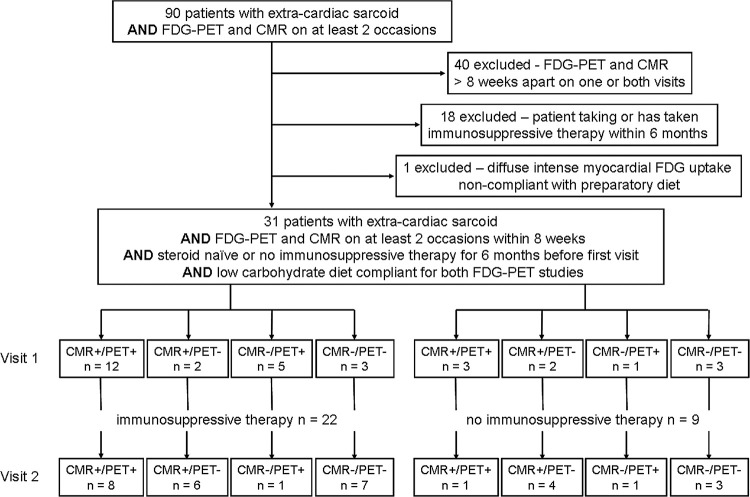 Flowchart details selection criteria for the study cohort and fluorine 18 fluorodeoxyglucose (FDG) PET and cardiac MRI late gadolinium enhancement (LGE) results in treated and untreated groups at initial and follow-up studies. CMR = cardiac MRI.